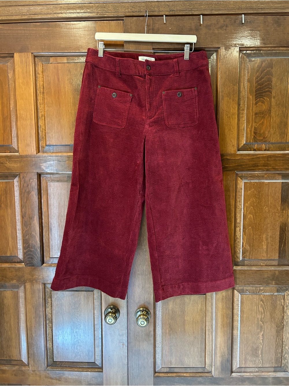 Sundance Corduroy Wide Leg Cropped Pants Women Size 14 Berry Red Boho Pockets - Picture 2 of 8